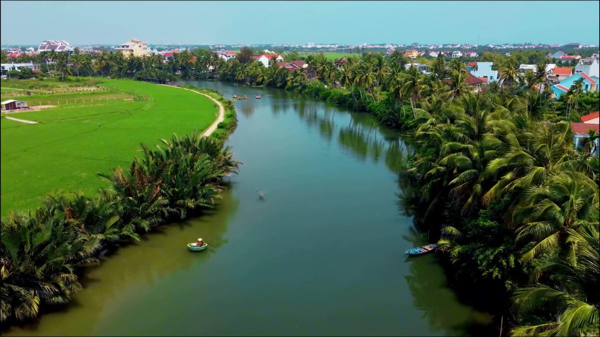 Sông nước và rừng dừa xanh mướt ở vùng ngoại ô Hội An nhìn từ trên cao